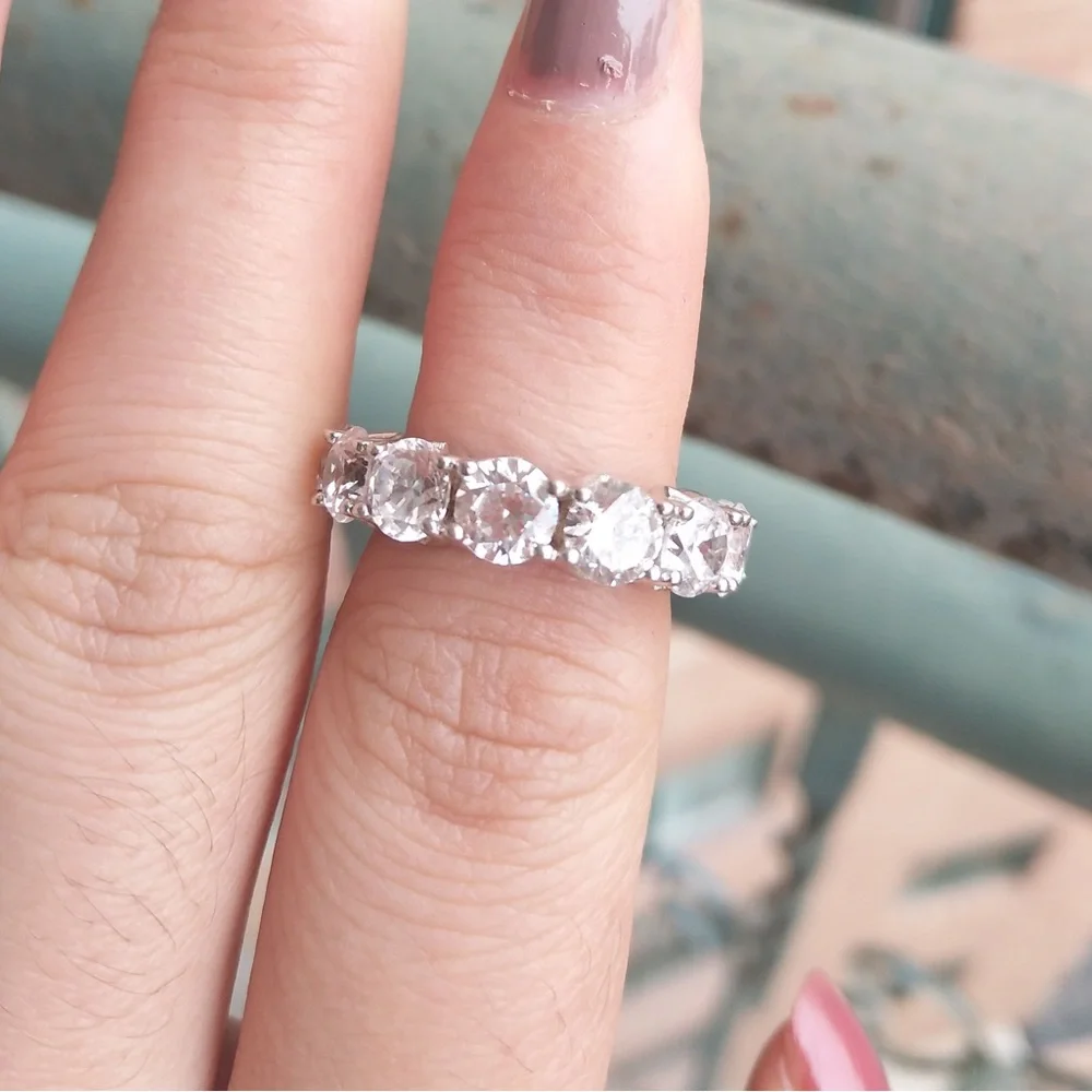 Eternity Round Created White Sapphire Wedding Band 925 Sterling Silver - Picture 5 of 8